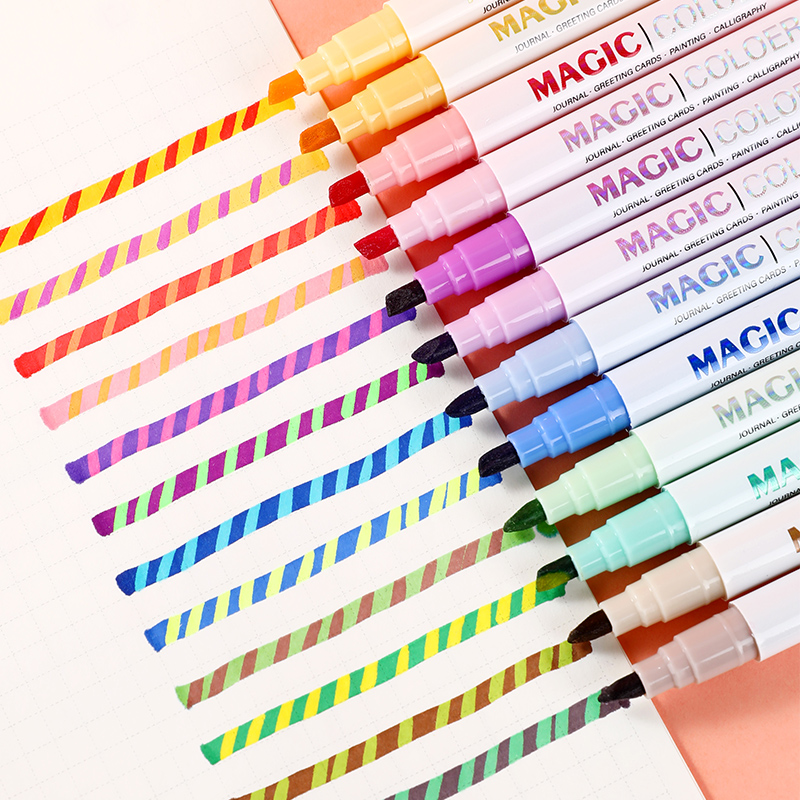 Pastel Highlighter Set Double Ended - 12pcs Double-ended Magic เปลี่ยนสีปากกาเน้นข้อความชุดนักเรียนไดอารี่สมุดภาพภาพวาด DIY, ห้องเรียนและสํานักงาน