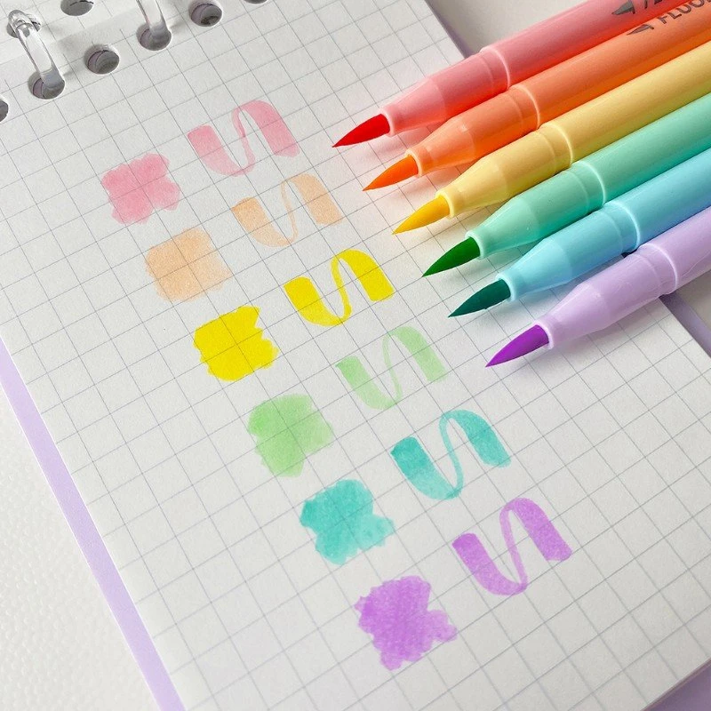 Pastel Highlighter Set Double Ended - ชุดปากกาฟลูออเรสเซนต์ 6 สี ปากกาพู่กันสีพาสเทล ชุดปากกาไฮไลท์สำหรับงานศิลปะ ปากกาสำหรับเขียนตัวอักษร