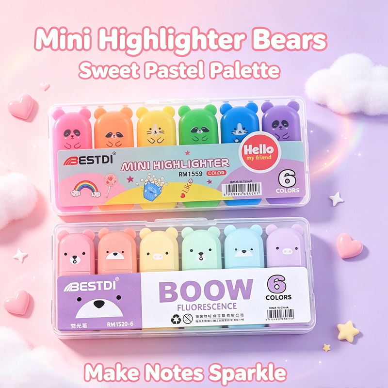 Pastel Highlighter Set Double Ended - ชุดปากกาไฮไลท์ลายหมีคาวาอี้ เครื่องเขียนน่ารัก ปากกาสีพาสเทลเรืองแสงสีลูกกวาด อุปกรณ์การเรียน
